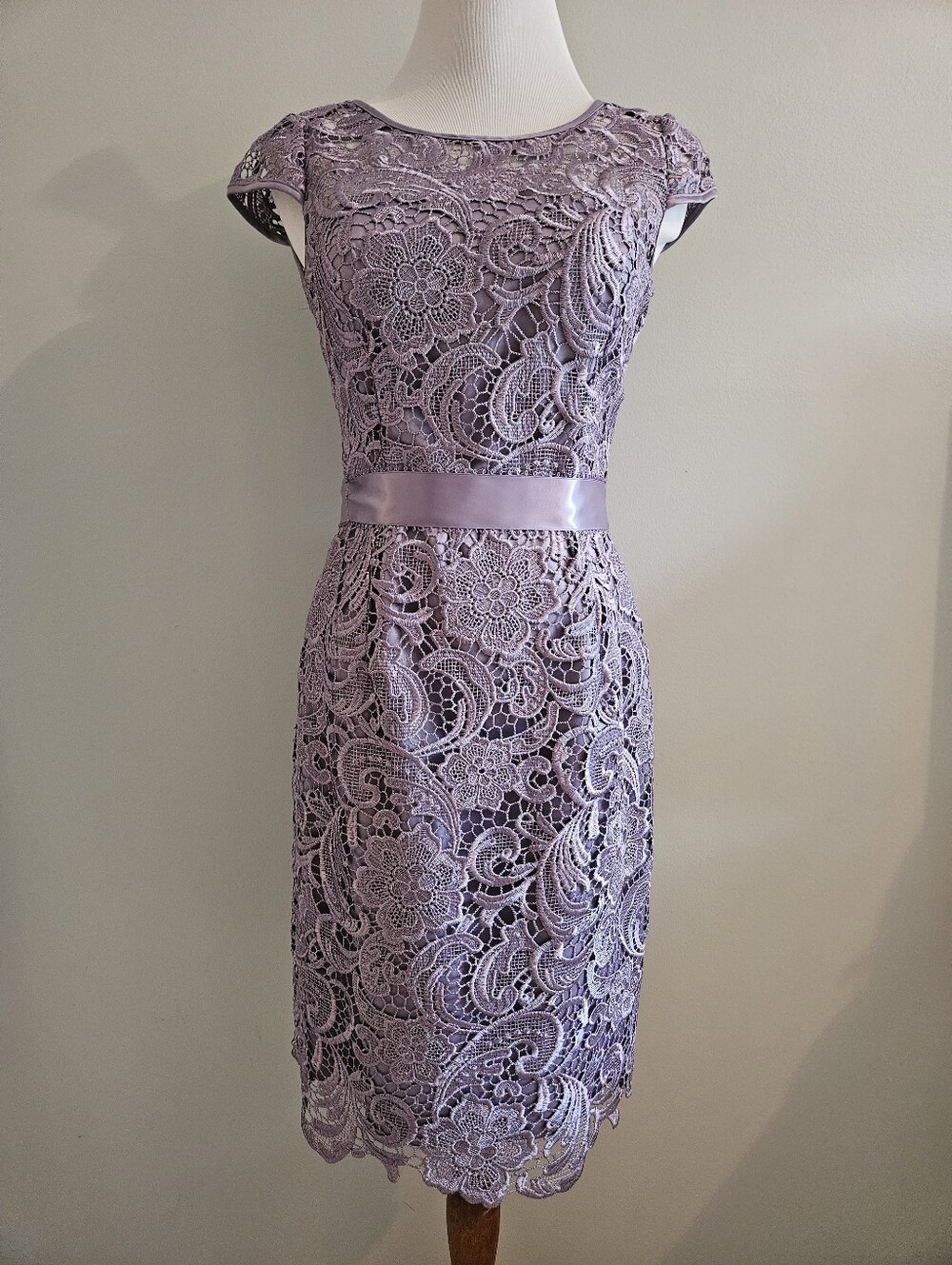 Adrianna Papell |  Elegant Lavender Lace Sheath Dress with Delicate Satin Waist